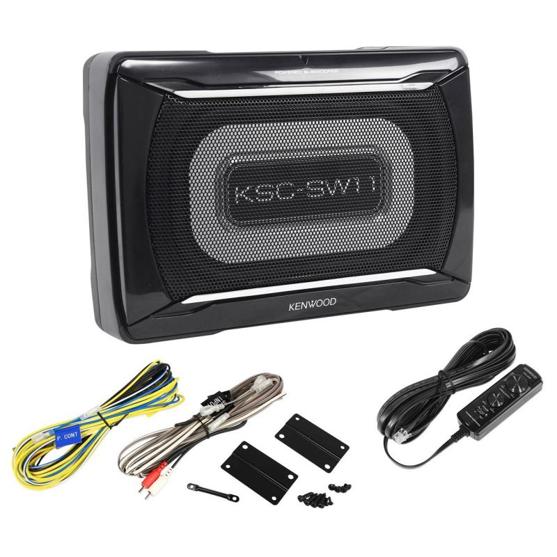 Kenwood KSC-SW11 150W Peak Compact Under the Seat Powered Subwoofer Enclosure with Bass Remote and Loaded with 8-1/4 x 5-1/8 Sub woofer with FREE Earbuds 